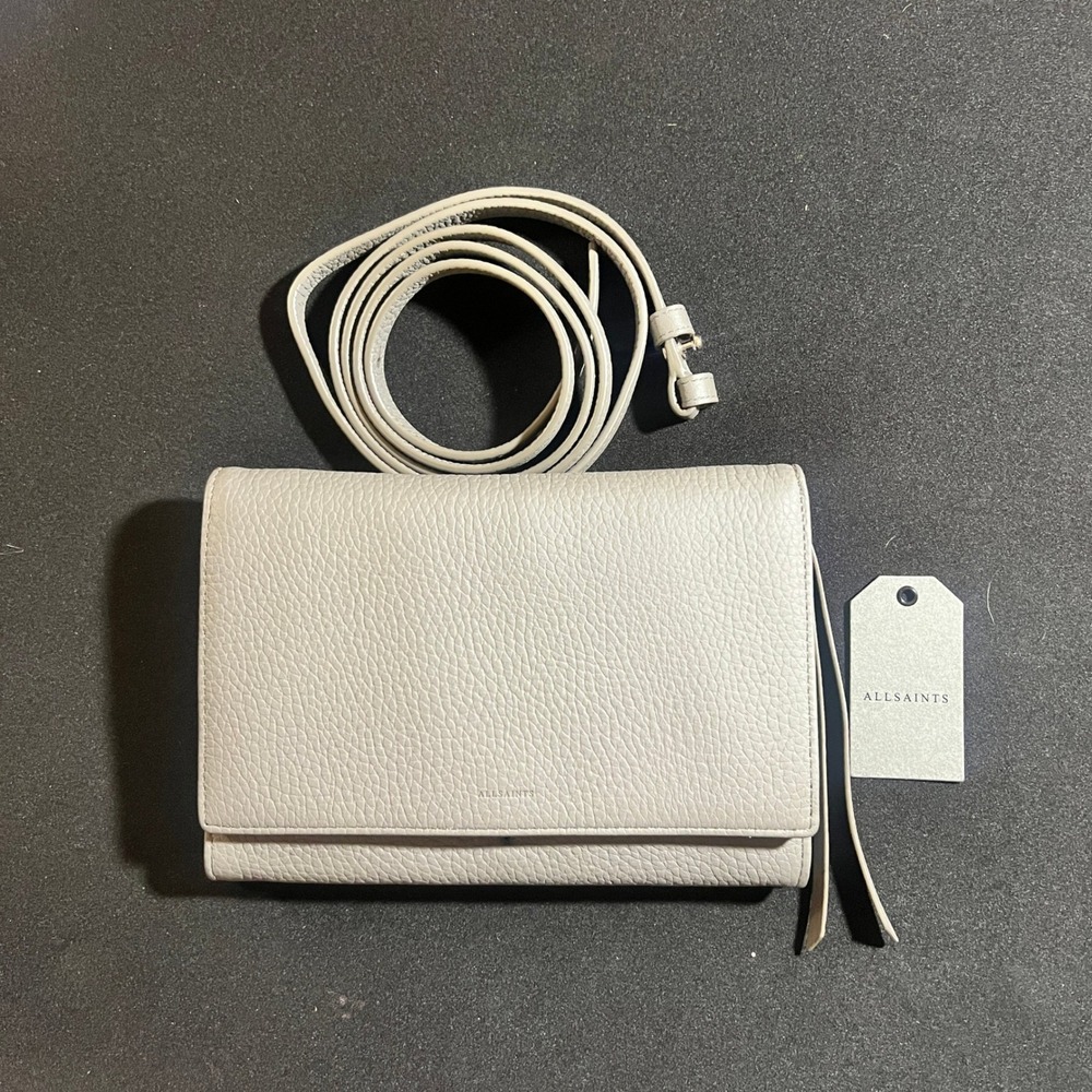 AllSaints Fetch Chain Crossbody Bag Storm Grey Pebbled Leather WB199N
